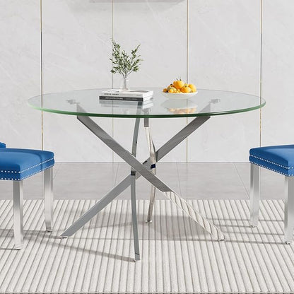 Modern Glass Dining Table Round Dining Room Table with Tempered Glass Top, Silver Metal Legs Circle Kitchen Dining Room Table for 4-6 People, 47" D x 47" W x 30" H