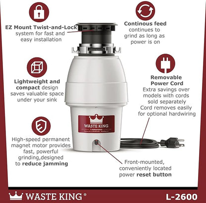 Waste King Legend Series Continuous Feed Garbage Disposal for Kitchen Sink with Power Cord, L-2600