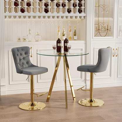yeag 31.5'' Modern Round Glass Bar Table Set for 2, Luxury Gold Bistro Pub Table & 2 Adjustable Metal Bar Stools Velvet Swivel Counter Height Stools (Gold Metal Legs, Clear Top + Grey Chair)
