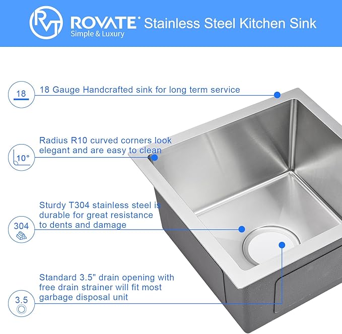 Bar Sink, ROVATE 15 x 15 x 8 inch Bar or Prep Kitchen Sink Undermount, Single Bowl T-304 Stainless Steel Small Sinks Handmade with Strainer