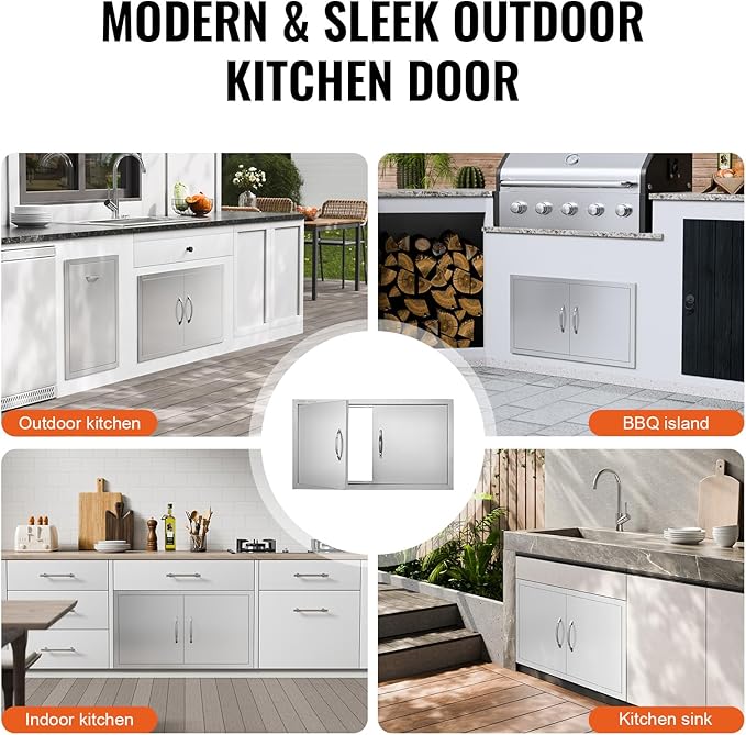 VEVOR Double BBQ Access Door, 34W x 19H Inch Stainless Steel Flush Mount Vertical Wall Door with Handles for BBQ Island, Grilling Station, Outside Cabinet