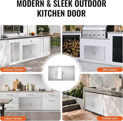 VEVOR Double BBQ Access Door, 34W x 19H Inch Stainless Steel Flush Mount Vertical Wall Door with Handles for BBQ Island, Grilling Station, Outside Cabinet