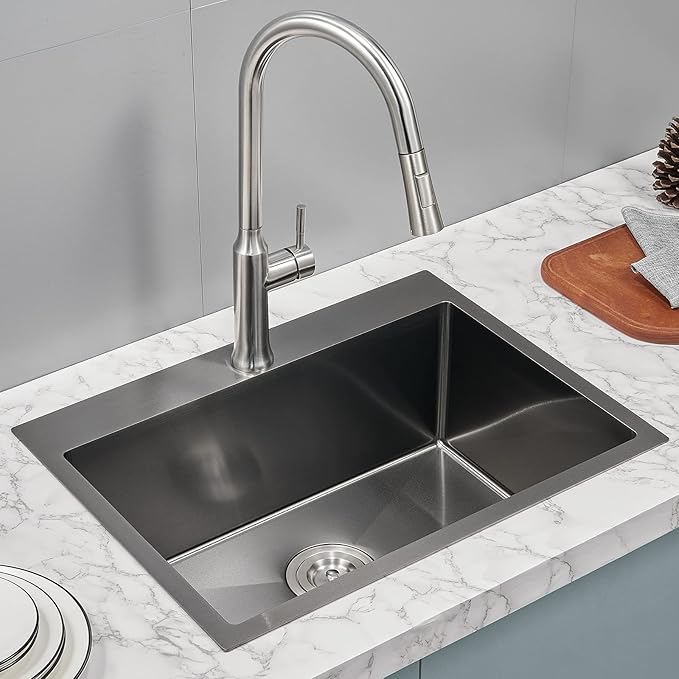 24 Inch Drop in Kitchen Sinks Black, 24x18 Inch Single Hole 18 Gauge Stainless Steel Single Bowl Kitchen Sink Topmount, D24"xW18"xH9"
