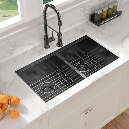 Sarlai 33 Inch Black Undermount Kitchen Sink Double Bowl 33 x 19 Inch Low Divided Gunmetal Black Workstation Double Kitchen Sink Stainless Steel 16 Gauge 60/40 Sinks Basin