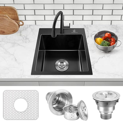 17 x 15 Inch Drop in Kitchen Sink Top mount Bar Sink 16 Gauge Stainless Steel Single Bowl Workstation with Sink Protector (Black)