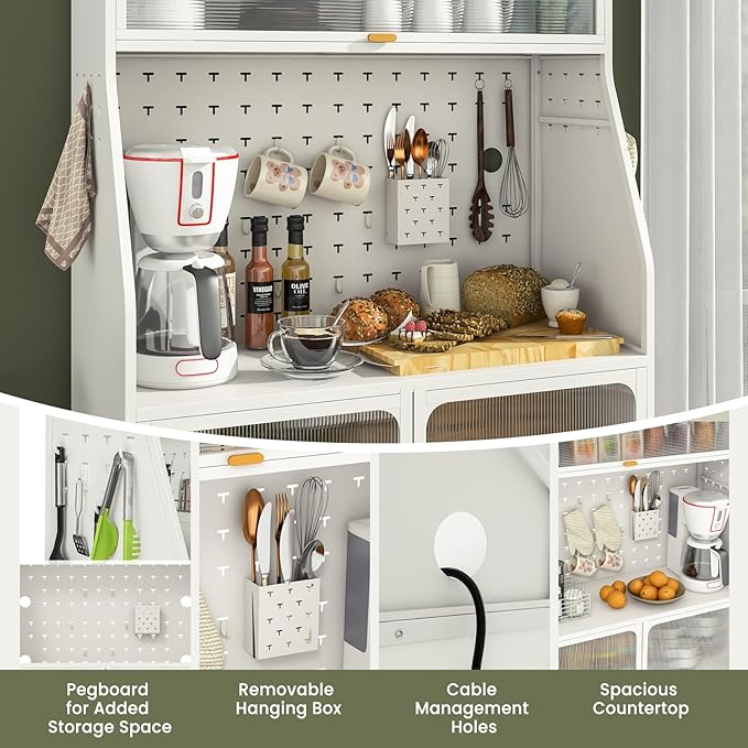 Giantex Pantry Organizers and Storage, 63.5" H Kitchen Buffet Cabinet with Hutch, Pegboard, 8 Hooks & 1 Hanging Storage Box, Standing Bakers Rack with Flip-up PC Doors, Tool-Free Assembly (White)
