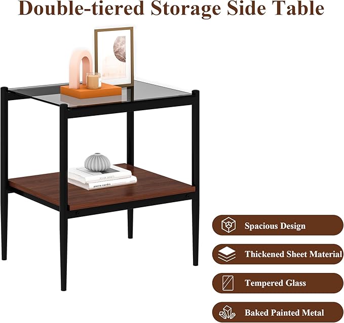 Set of 2 Glass End Table, 2-Layer Glass Living Room Table, Modern Tea Table Side Tables for Home Office Furniture