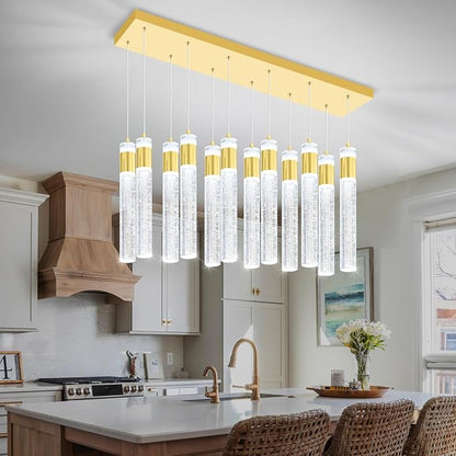 Glam Rectangular Crystal Column Chandelier for High Ceiling 12-Lights Gold LED Dimmable Pendant Light for Kitchen Island Dining Room Entrance Foyer Living Room Adjustable Height