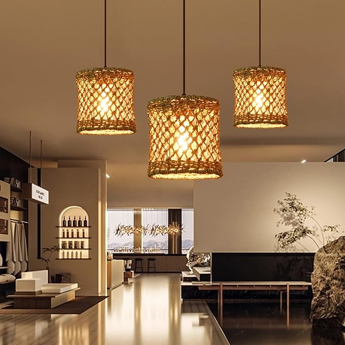 Arturesthome Boho Hand Woven Rattan Pendant Light Fixture, Mini Farmhouse Natural Chandelier Lighting, Retro Wicker Hanging Lamp for Kitchen Island D 7.8″*7.8″