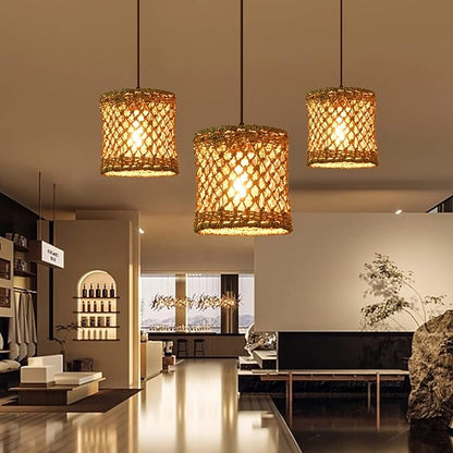 Arturesthome Boho Hand Woven Rattan Pendant Light Fixture, Mini Farmhouse Natural Chandelier Lighting, Retro Wicker Hanging Lamp for Kitchen Island D 7.8″*7.8″