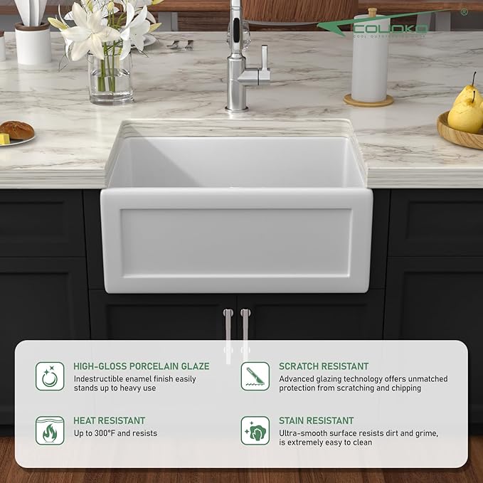 24 Inch White Farmhouse Sink Reversible Apron Front Fireclay Farm Sinks Heavy Duty Large Deep Ceramic Single Bowl Farm House Sinks, 24" x 18" x 10"