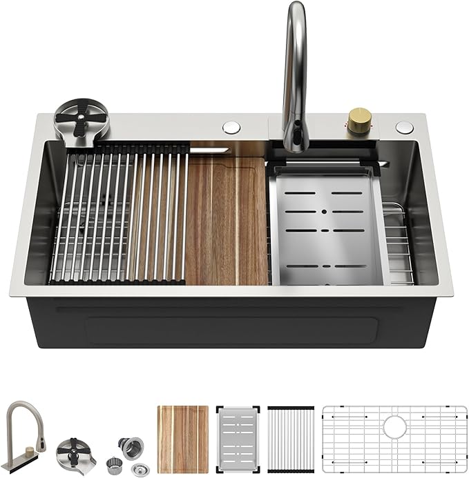 33 Inch Drop In Waterfall Kitchen Sink Workstation Smart 16 Gauge Stainless Steel Single Bowl Waterfall Sinks with Waterfall Faucet Combo and Cup Washer Set
