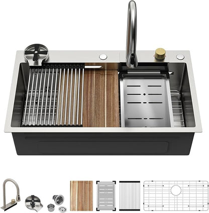 33 Inch Drop In Waterfall Kitchen Sink Workstation Smart 16 Gauge Stainless Steel Single Bowl Waterfall Sinks with Waterfall Faucet Combo and Cup Washer Set