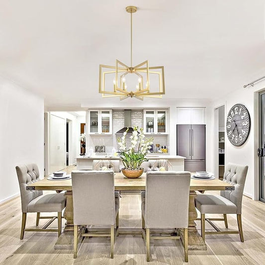 Gold Farmhouse Chandelier 8 Lights Large Chandeliers for Dining Room Geometric Rustic Pendant Light Fixtures Ceiling Hanging Modern Chandelier for Entryway Kitchen Foyer Living Room Stairway Bedroom