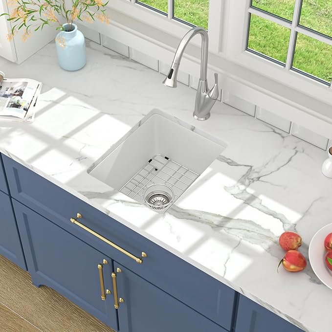Lordear Granite Composite White Bar Sink 15 x 18 Inch Undermount Kitchen RV Sinks Small Quartz Bar Sink