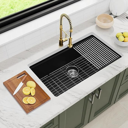 Davivy 33 Inch Black Granite Kitchen Sink Workstation, 33 x 19 Black Undermount Kitchen Sink, Dual Mount Installation, Deep Quartz Composite Single Bowl with Accessories