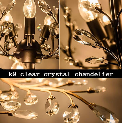 Ganeed Crystal Chandeliers,Vintage 8 Lights Pendant Light,K9 Clear Crystal Chandelier Lighting Fixtures,Ceiling Light for Living Room Bedroom Restaurant Porch Hallway (Black)