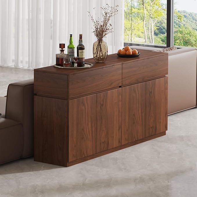 63"Buffet Cabinet with Drawers & Door, Set of 2 Modular Stackable Sideboard Coffee Bar Cabinet with Adjustable Shelves, Matte Walnut Storage Accent Credenza for Living Room Dining Room Hallway