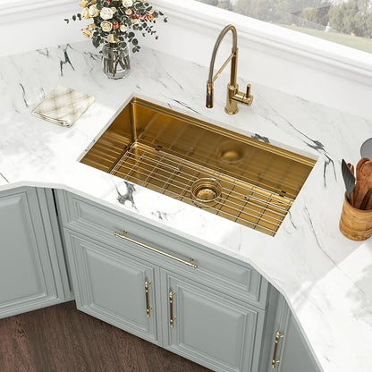 30 Inch Gold Undermount Kitchen Sink - Kichae 30 x 18 Stainless Steel Undermount Sink Ledge Workstation 16 Gauge Single Bowl Round Corner Handmade Deep Bowl with Cutting Board