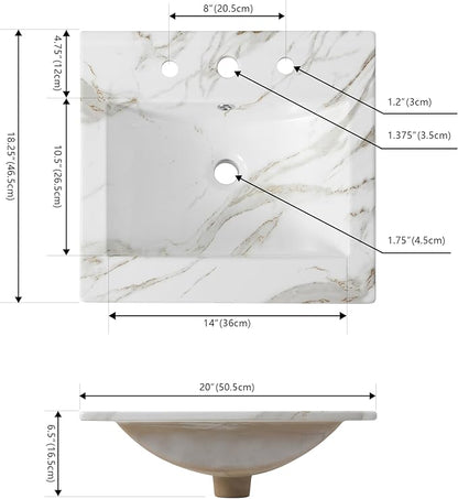 JONATHAN Y SNK1000C Ancillary 3-Hole 20 in. W x 18.25 in. D Classic Contemporary Rectangular Ceramic Single Sink Basin Vanity Top, White Marble Effect