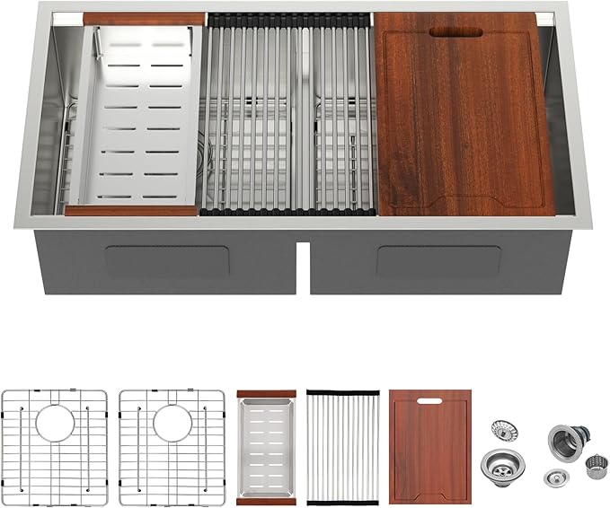 Mocoloo 36 Inch Undermount Double Bowl Kitchen Sink - 36 x 19 Workstation 16 Gauge Stainless Steel Low Divide 50/50 Bowl Handmade with 2 Basins