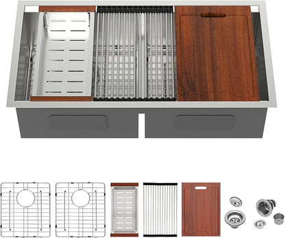 Mocoloo 36 Inch Undermount Double Bowl Kitchen Sink - 36 x 19 Workstation 16 Gauge Stainless Steel Low Divide 50/50 Bowl Handmade with 2 Basins