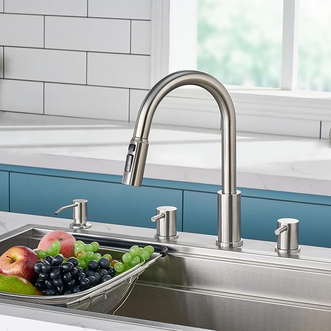 Tohlar Kitchen Faucets, Brushed Nickel Kitchen Faucet Pull Down Sprayer Stainless Steel Sink Faucets with Soap Dispenser Commercial Modern Rv Faucets, Llaves para fregaderos de cocina