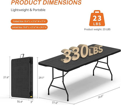 Set of 2 6 Foot Folding Table for Indoor Outdoor, Portable Heavy Duty Fold-in-Half Utility Plastic Foldable Dining Table with Carrying Handle for Picnic, Camping and Party, 2 Pack Matte Black