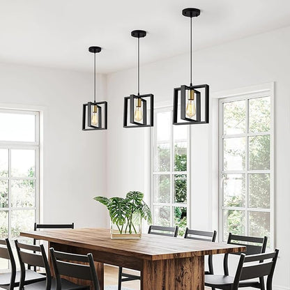 Farmhouse Small Pendant Light Fixture,Kitchen Island Hanging Lamp with Cord, Black+Gold Finish, Wood Frame Chandelier for Hallway Entryway Closet Bedroom,9.5 Inch,E26.