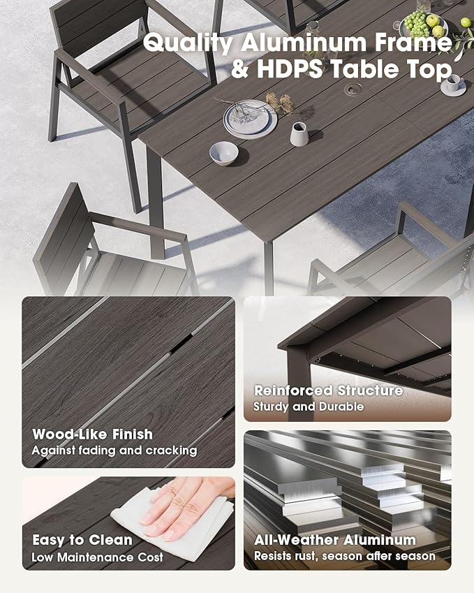 Outdoor Dining Set for 4, Aluminum Patio HDPS Outdooor Table and Chairs Set with Umbrella Hole, All Weather Patio Furniture Set, 5 Peice Patio Dining Table Set (Charcoal)