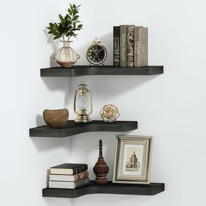 SAUMONIERES Corner Floating Shelves Wall Mount Shelf Solid Wood for Bedroom Bathroom Room Kitchen Storage Set of 3, Black, Invisible Brackets