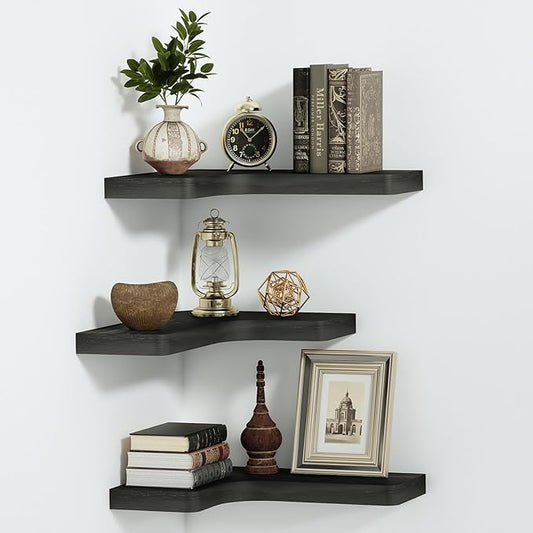 SAUMONIERES Corner Floating Shelves Wall Mount Shelf Solid Wood for Bedroom Bathroom Room Kitchen Storage Set of 3, Black, Invisible Brackets