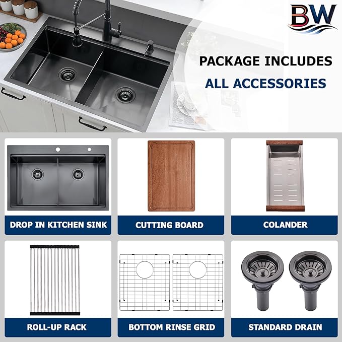 33x22 Black Double Bowl Drop In Kitchen Sink Workstation - 16 Gauge Stainless Steel Workstation Sinks 50/50 Split, Top Mount Drop In Kitchen Sink Double Bowl with Accessories