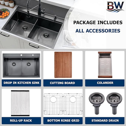 33x22 Black Double Bowl Drop In Kitchen Sink Workstation - 16 Gauge Stainless Steel Workstation Sinks 50/50 Split, Top Mount Drop In Kitchen Sink Double Bowl with Accessories