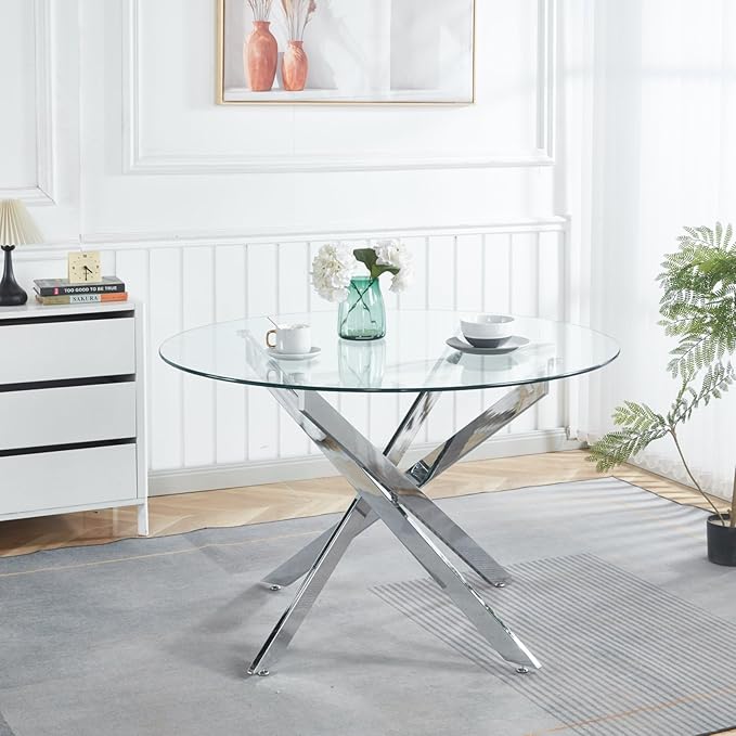 Round Glass Dining Table,Glass Dining Room Table with Metal Legs, Modern Style Glass Kitchen Table for Home, Kitchen, Dining Room