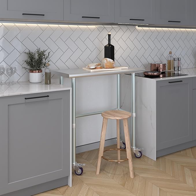 Stainless Steel Work Table Open Base & Wheels | NSF Kitchen Island Food Prep | Laundry Garage Utility Bench (36" Long x 18" Deep)