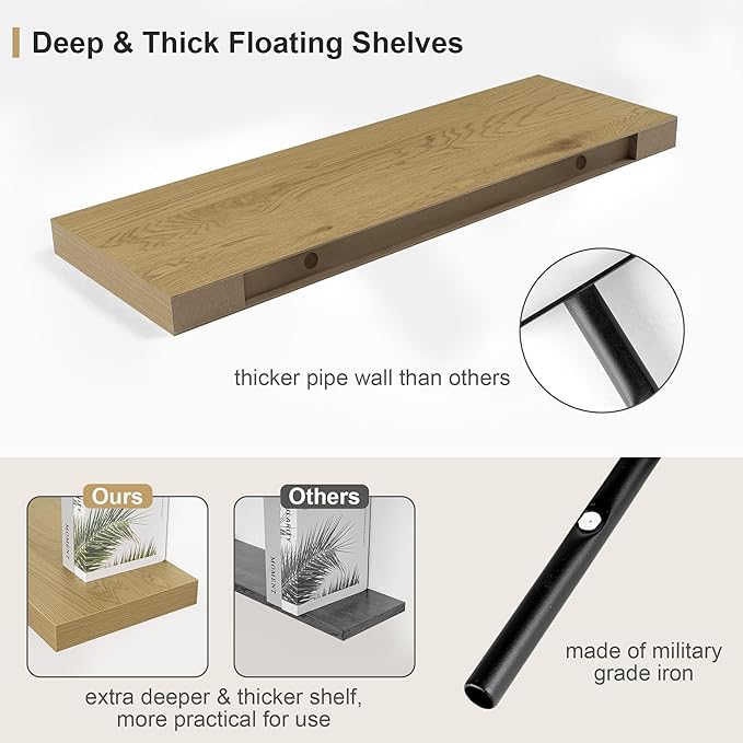 Heimlove 12" Deep Oak Floating Shelves,Over Toilet Long Wall Mounted Modern Farmhouse 36 inches,Wall Shelves with Invisible Brackets for Bedroom, Bathroom, Living Room, Kitchen, Set of 1