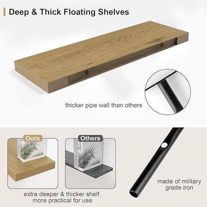 Heimlove 12" Deep Oak Floating Shelves,Over Toilet Long Wall Mounted Modern Farmhouse 36 inches,Wall Shelves with Invisible Brackets for Bedroom, Bathroom, Living Room, Kitchen, Set of 1