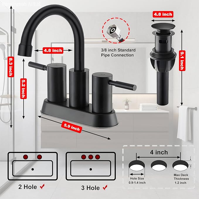 IKEBANA Modern Matte Black Bathroom Faucet, 2 Handle 4 Inch Centerset Sink Faucet, 360° Swivel High-Arc Spout Stainless Steel for RV Vanity Lavatory with Pop-up Drain and Supply Lines