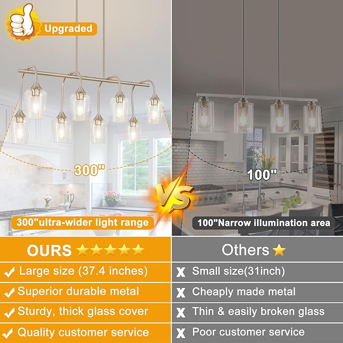 Dining Room Light Fixture/Chandelier Over Table (38inch, 8-Light), Brushed Nickel Kitchen Island Lighting with Clear Glass Shade, Modern Hanging Pendant Lights Fixture for Kitchen Island, Dining Room