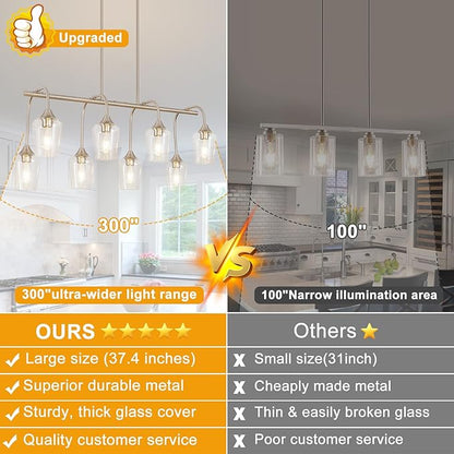 Dining Room Light Fixture/Chandelier Over Table (38inch, 8-Light), Brushed Nickel Kitchen Island Lighting with Clear Glass Shade, Modern Hanging Pendant Lights Fixture for Kitchen Island, Dining Room