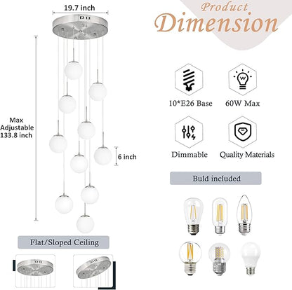 KoKo&Yukina 10 Light Globe Pendant Light Adjustable Hanging Light Staircase Chandelier Milk Glass Pendant Lights with Milky White Glass Shade Globe Lights for Staircase