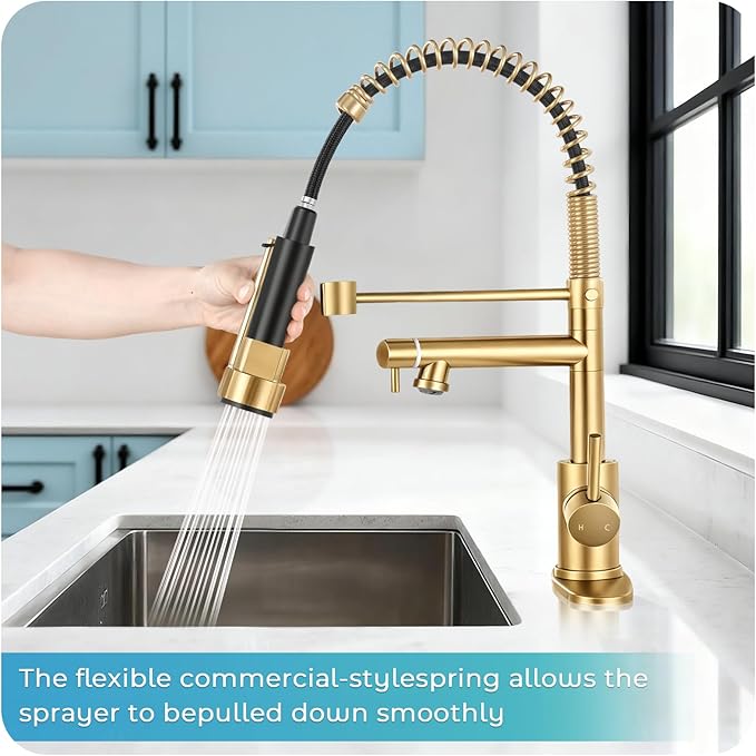Kitchen Faucet with Pull Down Sprayer - Brushed Gold Single Handle Commercial Kitchen Faucets, 2-Spout Kitchen Sink Faucet, Stainless Steel Spring Pull Out Sink Faucet 1/3 Hole