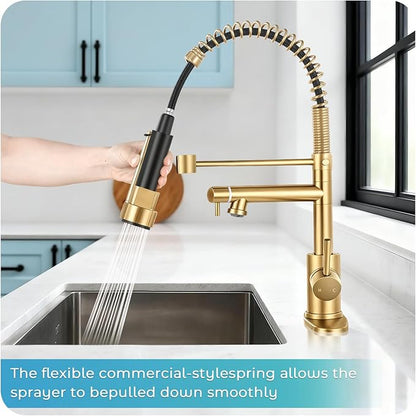 Kitchen Faucet with Pull Down Sprayer - Brushed Gold Single Handle Commercial Kitchen Faucets, 2-Spout Kitchen Sink Faucet, Stainless Steel Spring Pull Out Sink Faucet 1/3 Hole