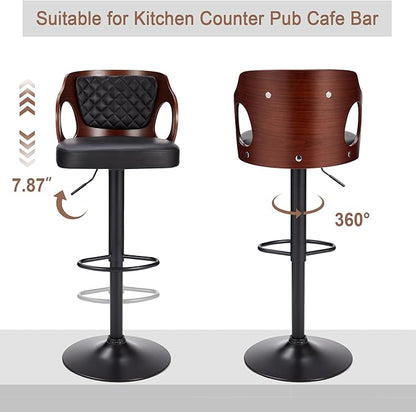 VECELO Swivel Bar Stools Set of 4,Counter Height Stools with Bentwood Back,Armrest&Footrest,Adjustable PU Leather Bar Chairs for Kitchen Island,Coffee Shop and Salon,Black,Quilted Elegance