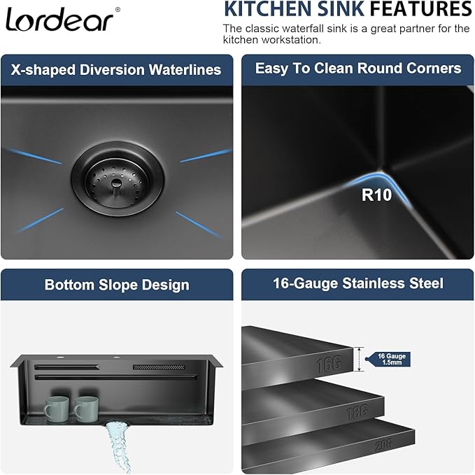 Lordear 31 Inch Drop In Waterfall Kitchen Sink with Faucet 31x20 Black Kitchen Sink Ledge Workstation Gunmetal Black 16 Gauge Single Bowl Topmount Handmade Sinks with Cup Washer