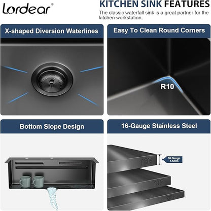Lordear 31 Inch Drop In Waterfall Kitchen Sink with Faucet 31x20 Black Kitchen Sink Ledge Workstation Gunmetal Black 16 Gauge Single Bowl Topmount Handmade Sinks with Cup Washer