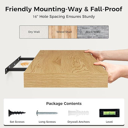 12 Inch Deep Floating Shelves, 24 x 12 Floating Shelf for Books, Rustic Wood Deep Wall Shelves for Home Storage & Display, 2" Thicked Shelves for Kitchen, Living Room, Bedroom, Oak Color, 1 Pack
