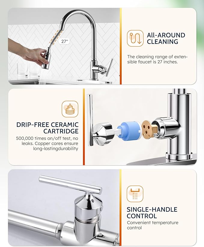 WOWOW Kitchen Faucets with Pull Down Sprayer, Chrome Kitchen Faucet with Sprayer, 304 Stainless Steel High Arc Single Handle Pull Down Kitchen Faucet for Kitchen Sink Faucet