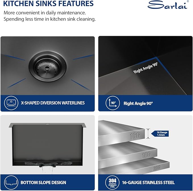 Sarlai Laundry Sink - Drop In 22"x22"x12" Deep Black Laundry Utility Sink Drop-in Topmount Single Bowl Sink 16 Gauge Stainless Steel Gunmetal Black Kitchen Laundry Room Sinks